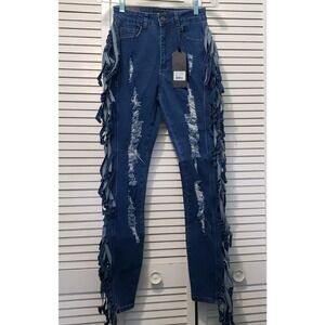 Purple Candy Fringe Jeans Womens Juniors Size‎ Small Heavy Distressed Blue Denim